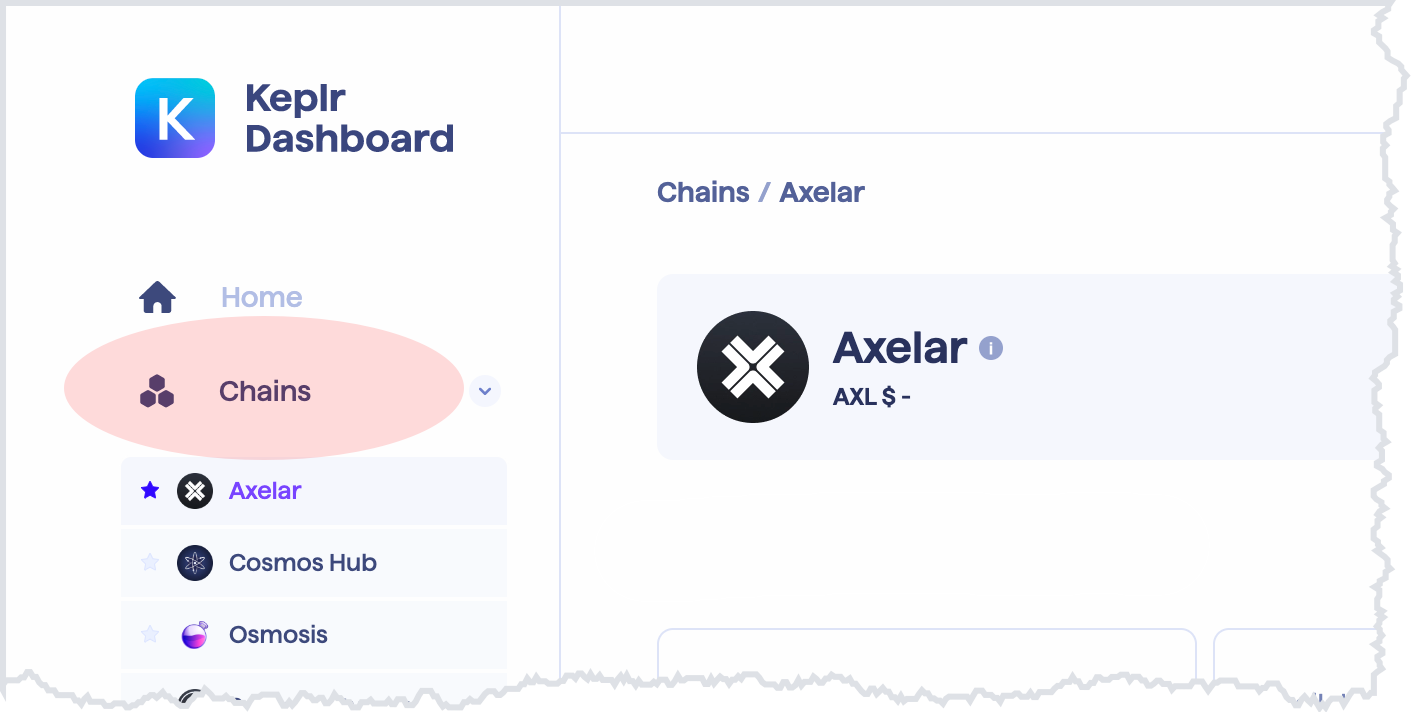 Select Axelar from the Chains dropdown in your Keplr wallet.