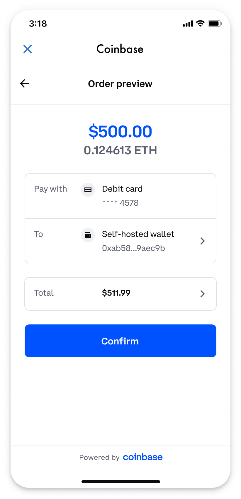 Preview an order from the debit card stored in your Coinbase account to your self-hosted wallet.