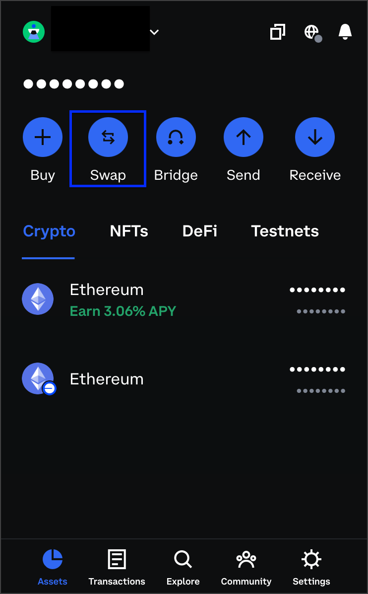 This step assumes that you are logged into your Coinbase wallet or a wallet like it. The goal is to hold DYDX, also called ethDYDX, in your Ethereum wallet. If you don't have ethDYDX but have ETH, you can swap ETH for ethDYDX. When you click the Swap button, you are prompted to enter an amount to swap.