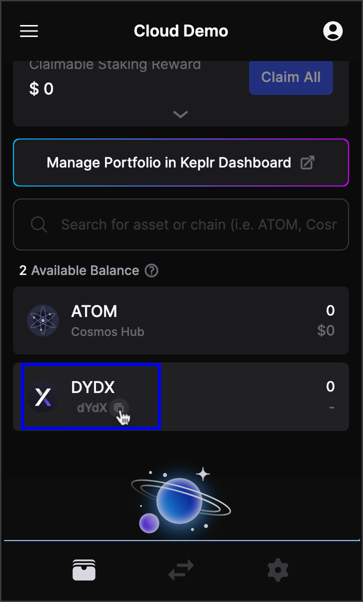 When you hover over the copy icon by DYDX, your cosmosDYDX address display. Click to copy.