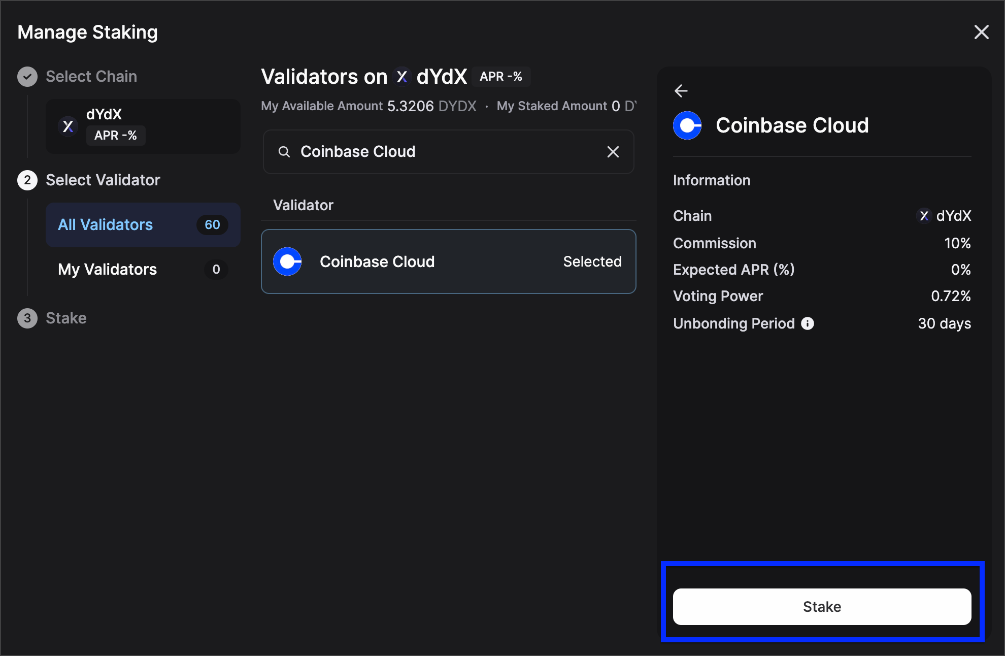 When you select the Coinbase Cloud validator, the delegation details display on the right and the Stake button displays underneath.
