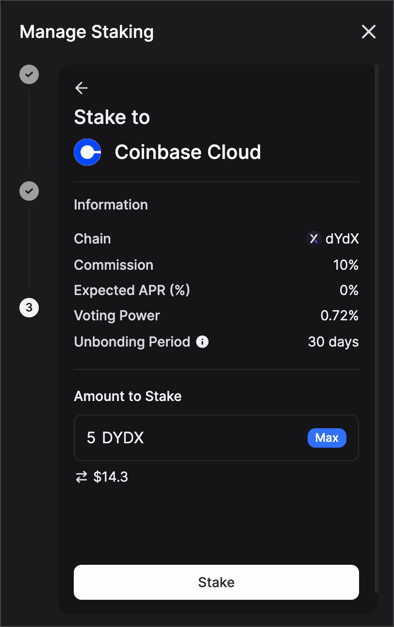 You can enter the amount in DYDX or US dollars.