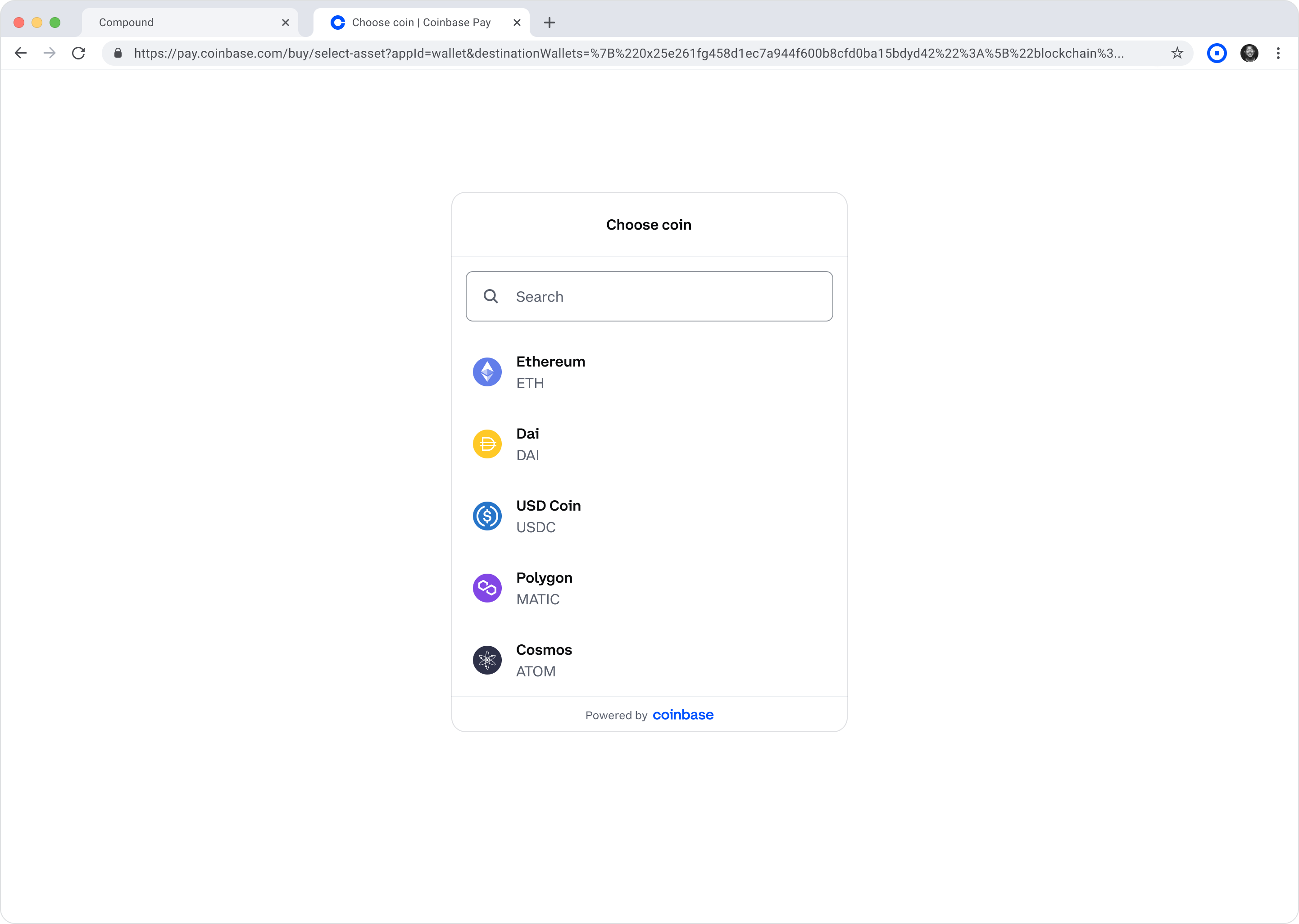 Coinbase Pay as a new tab in the browser.